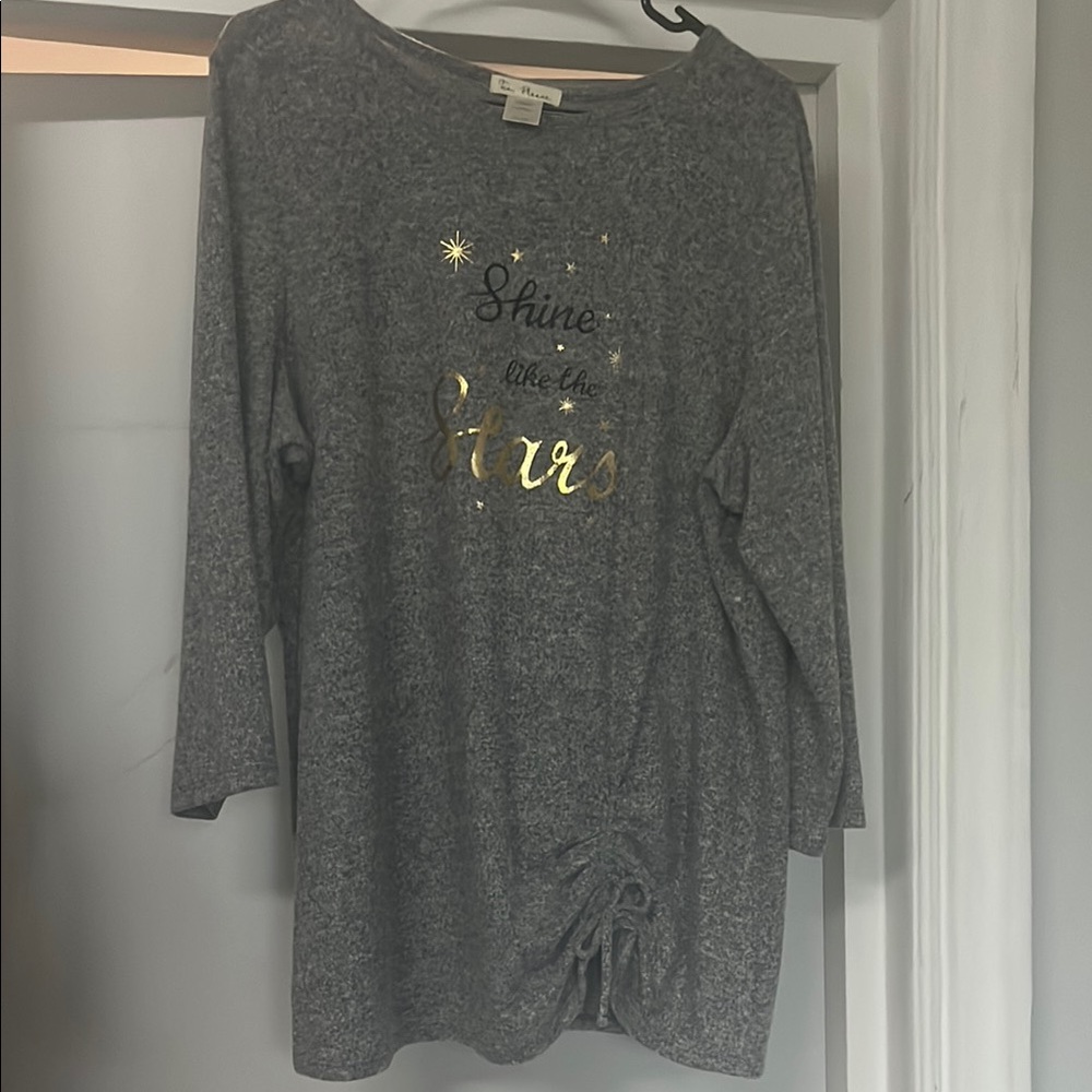 Gray Long Sleeve Top with Gold Print